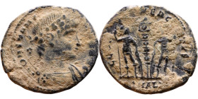 Constantius II (Caesar: 324-337) Follis. Obverse: Laureate, draped, cuirassed bust right. Reverse: GLORIA EXERCITVS, two Soldiers standing front, head...
