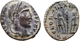 Constans (337 - 350) Follis. Obverse: Draped, cuirassed bust right. Reverse: GLORIA EXERCITVS, two Soldiers standing front, heads turned inward at two...