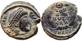 Constantius II (337-361 AD). AE follis. Obv.: DN CONSTANTIVS PF AVG, pearl diademed bust right. Rev.: VOT XX MVLT XXX in wreath

14mm 1.66g