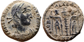 Constantius II (337-361) Follis. Obverse: Draped, cuirassed bust right. Reverse: GLORIA EXERCITVS, two Soldiers standing front, heads turned inward at...