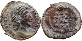 Constantius II (337-361 AD). AE follis. Obv.: DN CONSTANTIVS PF AVG, pearl diademed bust right. Rev.: VOT XX MVLT XXX in wreath

16mm 1.40g