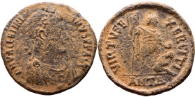 Valentinian II (375-392) Follis.Obverse: D N VALENTINIANVS P F AVG Pearl-diademed, draped, cuirassed bust right Reverse: VIRTVS EXERCITI, emperor stan...
