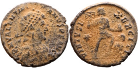 Valentinian II (375-392) Follis.Obverse: D N VALENTINIANVS P F AVG Pearl-diademed, draped, cuirassed bust right Reverse: VIRTVS EXERCITI, emperor stan...