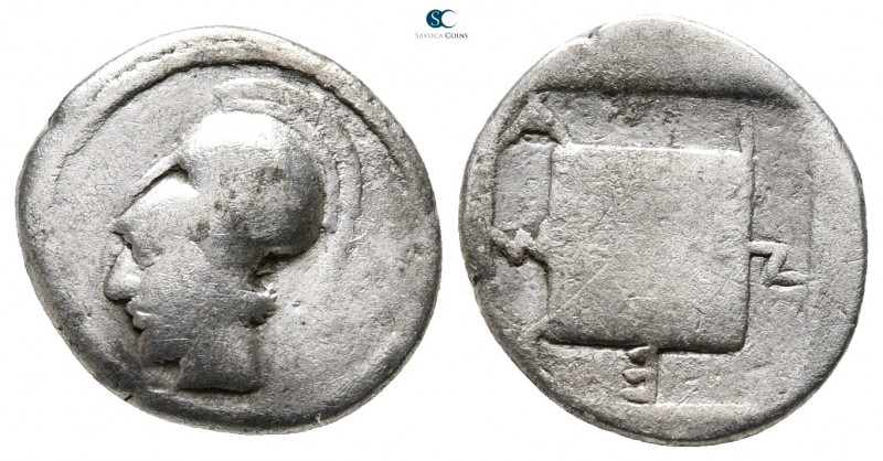 Macedon. Aeneia 480-450 BC. 
Tetrobol AR

15 mm., 2,25 g.

Head of Aeneias ...