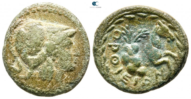 Thessaly. Orthe 375-350 BC. 
Trichalkon Æ

22 mm., 5,93 g.

Helmeted head o...
