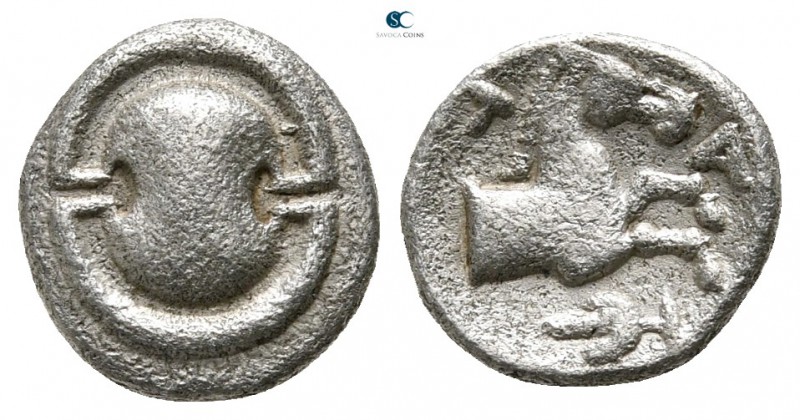Boeotia. Tanagra 387-374 BC. 
Obol AR

10 mm., 0,68 g.

Boeotian shield / F...