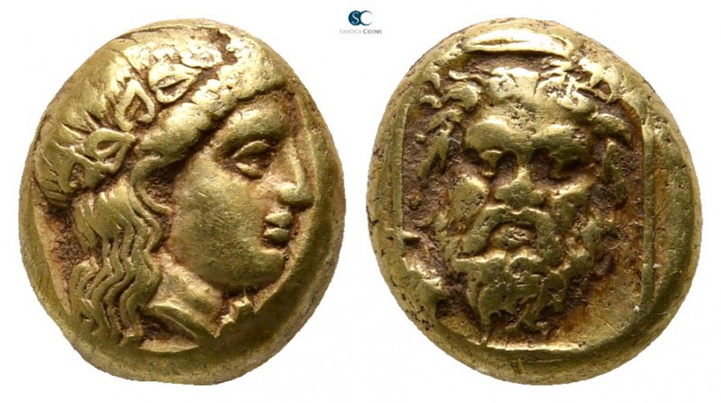 Lesbos. Mytilene 375-325 BC. 
Hekte EL

10 mm., 2,54 g.

Head of Dionysos r...