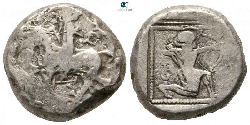 Cilicia. Tarsos 425-400 BC. 
Stater AR

20 mm., 10,54 g.

Horseman (Cilicia...