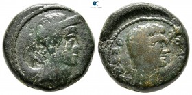 Macedon. Thessalonica. Augustus, with Divus Julius Caesar 27 BC-AD 14. Countermark applied during the reign of Nero, AD 54-68. Bronze Æ