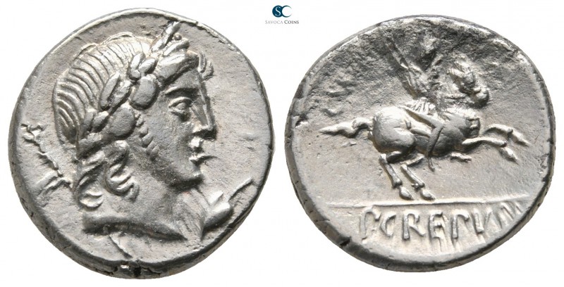 P. Crepusius 82 BC. Rome
Denarius AR

17 mm., 3,98 g.

Laureate head of Apo...