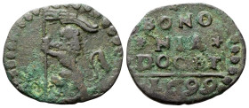 BOLOGNA
Innocenzo XII (Antonio Pignatelli), 1691-1700.
Quattrino 1699.
Æ
gr. 2,45
Dr. Leone vessillifero rampante verso s.
Rv. BONO / NIA / DOCE...