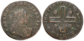 CAGLIARI
Carlo Emanuele III, 1730-1773.
Tre Cagliaresi 1732.
Æ
gr. 6,58
Dr. CAR• EM• D• G• R• SAR• CYP•ET• IER•. Busto corazzato a d.
Rv. DVX •S...