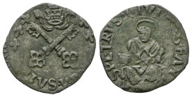FANO
Pio V (Antonio Michele Ghislieri), 1566-1572.
Quattrino.
Æ
gr. 0,73
Dr. PIVS •V• P•M. Chiavi decussate sormontate da triregno.
Rv. S PETRVS...