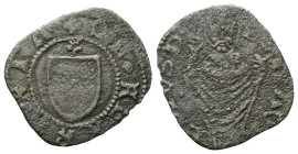 FERRARA
Nicolò II d’Este, 1361-1388. 
Quattrino.
Æ
gr. 0,50
Dr. + DE• FE RA RIA. Scudo semiovale con lo stemma cittadino.
Rv. S MAVRE - LIVS P. ...