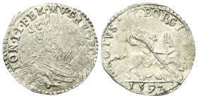 FERRARA
Ercole II d’Este, 1534-1559.
Giorgino o Grosso 1597.
Ag
gr. 2,68
Dr. ALFON• II• FER• MVT• REG• EC• DVX. Busto corazzato a d.
Rv. SANCTVS...