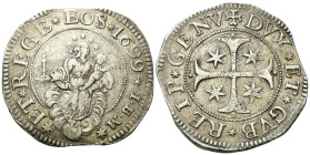 GENOVA
Dogi Biennali, 1528-1797. III Fase, 1637-1797.
Scudo stretto 1699 sigle I B M.
Ag
gr. 38,39
Dr. ✶ET✶ REGE✶ EOS ✶ 1699✶ I • B •M ✶. La Beat...