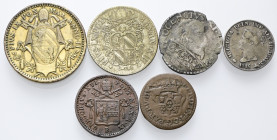 LOTTI
XVIII-XIX secolo
Lotto di 6 monete di area italiana in argento e Ae: Mezzo Baiocco 1848 Ar, 10 Baiocchi 1858 Ar, Muraiola Quattrino 1839 Mi (B...