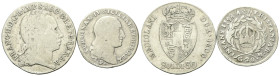 LOTTI
XVIII-XIX secolo
Lotto di 2 monete italiane: 30 Soldi 1800 Milano e 20 Grana 1798 (Regno di Napoli).
Ag 
gr. 11,37
q. BB