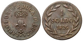 LUCCA
Carlo Ludovico di Borbone, 1824-1847.
Soldo 1826.
Æ
gr. 2,92
Dr. Giglio coronato.
Rv. Valore e data entro corona d’alloro.
Pag. 273; Gig....