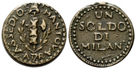 MANTOVA
Repubblica Cisalpina, Assedio Austro-Russo, 1799.
Soldo.
Æ
gr. 13,72
Dr. ASSEDIO• - MANTOVA. Fascio sormontato da pileo tra due rami di a...