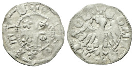 MERANO
Alberto III, 1386-1395.
Quattrino.
Mi
gr. 0,43
Dr. +ALBE✿ RTVS. Croce accantonata da rosette.
Rv. CONES ✿TIROL★. Aquila. 
Biaggi 1196; R...