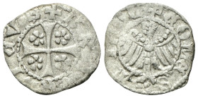 MERANO
Federico Tascavuota, 1406-1439.
Quattrino.
Mi
gr. 0,78
Dr. +FRIDE✿RICVS. Croce accantonata da quattro rosette. 
Rv. +COMES ✿TIROL. Aquila...