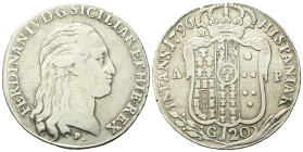 NAPOLI
Ferdinando IV (I) di Borbone, 1759-1816.
Piastra da 120 Grana 1796.
Ag
gr. 27,09
Dr. FERDINAN •IV• D• G• SICILIAR• ET HIE• REX. Testa nuda...