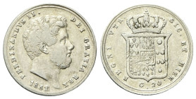 NAPOLI
Ferdinando II di Borbone, 1830-1859.
Tarì 1851 (seconda cifra 1 della data su 0).
Ag
gr. 4,54
Dr. Testa barbuta a d.
Rv. Stemma coronato....