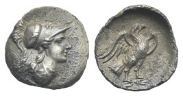Latium, Alba Fucens. Obol, circa 280-275. (AR, 11.73 mm, 0.60 g.). Helmeted head of Athena r. Rv. Eagle r. HN Italy 243. Peeling, about EF.