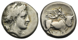 Campania, Neapolis. Circa 320-300 BC. Didrachm (Silver, 19.12 mm, 7.31 g). Head of nymph Parthenope r. wearing hair in band, Artemis behind advancing ...