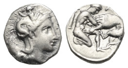 Calabria, Tarentum. Circa 380-325 BC. Diobol (Silver, 11.73 mm, 1.17 g). Head of Athena r., wearing crested Attic helmet decorated with Skylla half-le...
