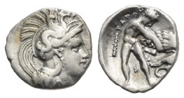 Calabria, Tarentum. Circa 380-325 BC. Diobol (Silver, 12.13 mm, 1.14 g). Head of Athena r., wearing crested Attic helmet decorated with hippocamp r. R...