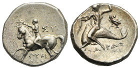 Calabria, Tarentum. Circa 272-235 BC. Nomos (Silver, 21.12 mm, 6.51 g). Youth nude on horseback galloping left, crowning the horse. Rv. Taras riding d...