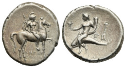 Calabria, Tarentum. Circa 272-240 BC. Nomos (Silver, 21.12 mm, 6.34 g). Warrior nude on horseback r., holding shield and spear. Rv. Taras riding dolph...
