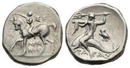 Calabria, Tarentum. Circa 272-240 BC. Nomos (Silver, 21.11 mm, 6.62 g). Youth nude on horseback galloping left, crowning the horse. Rv. Taras riding d...