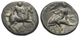 Calabria, Tarentum. Nomos, circa 272-240 BC. (Silver, 20.28 mm, 6.14 g.), Warrior on horseback right, holding spear and shield. Rv. Taras on dolphin l...