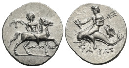 Calabria, Tarentum. Punic occupation, Sokannas magistrate, Circa 212-209 BC. Half Shekel (Silver, 20.61 mm, 3.93 g). Warrior on horseback r., holding ...