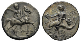 Calabria, Tarentum. Punic occupation, Sokannas magistrate, circa 212-209 BC. Half Shekel (Silver, 18.65 mm, 3.69 g). Warrior on horseback r., holding ...