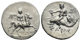 Calabria, Tarentum. Punic occupation, Sokannas magistrate, Circa 212-209 BC.Half Shekel (Silver, 19.93 mm, 3.74 g). Warrior on horseback r., holding f...