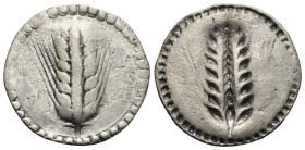 Lucania, Metapontum. Circa 540-510 BC. Nomos or Stater (Silver, 27.67 mm, 7.47 g). Ear of barley. Rv. The same type incuse. HN Italy 1459. About VF.