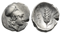 Lucania, Metapontion. Circa 325-275 BC. Diobol (Silver, 12.92 mm, 1.65 g). Helmeted head of Athena r. Rv. Ear of grain with leaf r. and cornucopia abo...