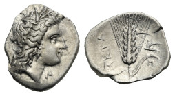 Lucania, Metapontion. Circa 325-275 BC. Obol (Silver, 13.58 mm, 1.23 g). Wreathed head of Demeter r. Rv. Ear of grain with leaf r. and plough above. H...