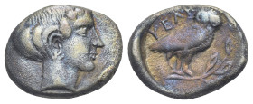 Lucania, Velia. Drachm, circa 465-440 BC. (Silver, 17.18 mm, 3.77 g.). Head of nymph r. Rv. Owl standing r. on olive branch, head facing. HN Italy 126...