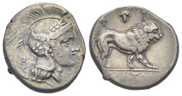 Lucania, Velia. Didrachm, circa 305-290 BC. (Silver, 20.22 mm, 7.35 g.). Head of Athena r., wearing winged and crested Attic helmet decorated with lau...
