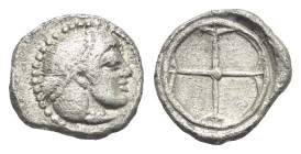 Sicily, Syracuse. Deinomenid Tyranny, 485-466 BC. Obol, circa 475-470 BC. (Silver, 9.65 mm, 0.70 g.). Diademed head of Arethusa r. Rv. Wheel with four...