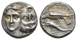 Moesia, Istros, 4th century BC. Drachm (Silver, 18.08 mm, 6.87 g). Facing heads of the Dioskouroi, one inverted / Eagle standing on dolphin left, IΣTP...