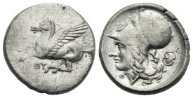 Akarnania, Anaktorion. Circa 350-300 BC. Stater (Silver, 21.81 mm, 8.47 g). Pegasus flying l. Rv. Helmeted head of Athena l., Boeothian shield behind....