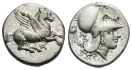 Akarnania, Anaktorion. Circa 350-300 BC. Stater (Silver, 21.14 mm, 8.55 g). Pegasus flying r. Rv. Helmeted head of Athena r., tripod behind. Calciati,...
