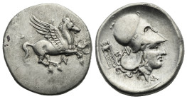 Akarnania, Anaktorion. Circa 350-300 BC. Stater (Silver, 24.70 mm, 8.31 g). Pegasus flying r. Rv. Helmeted head of Athena r., tripod behind. Calciati,...