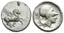 Akarnania, Anaktorion. Circa 350-300 BC. Stater (Silver, 22.27 mm, 8.61 g). Pegasus flying r. Rv. Helmeted head of Athena r., tripod within laurel wre...